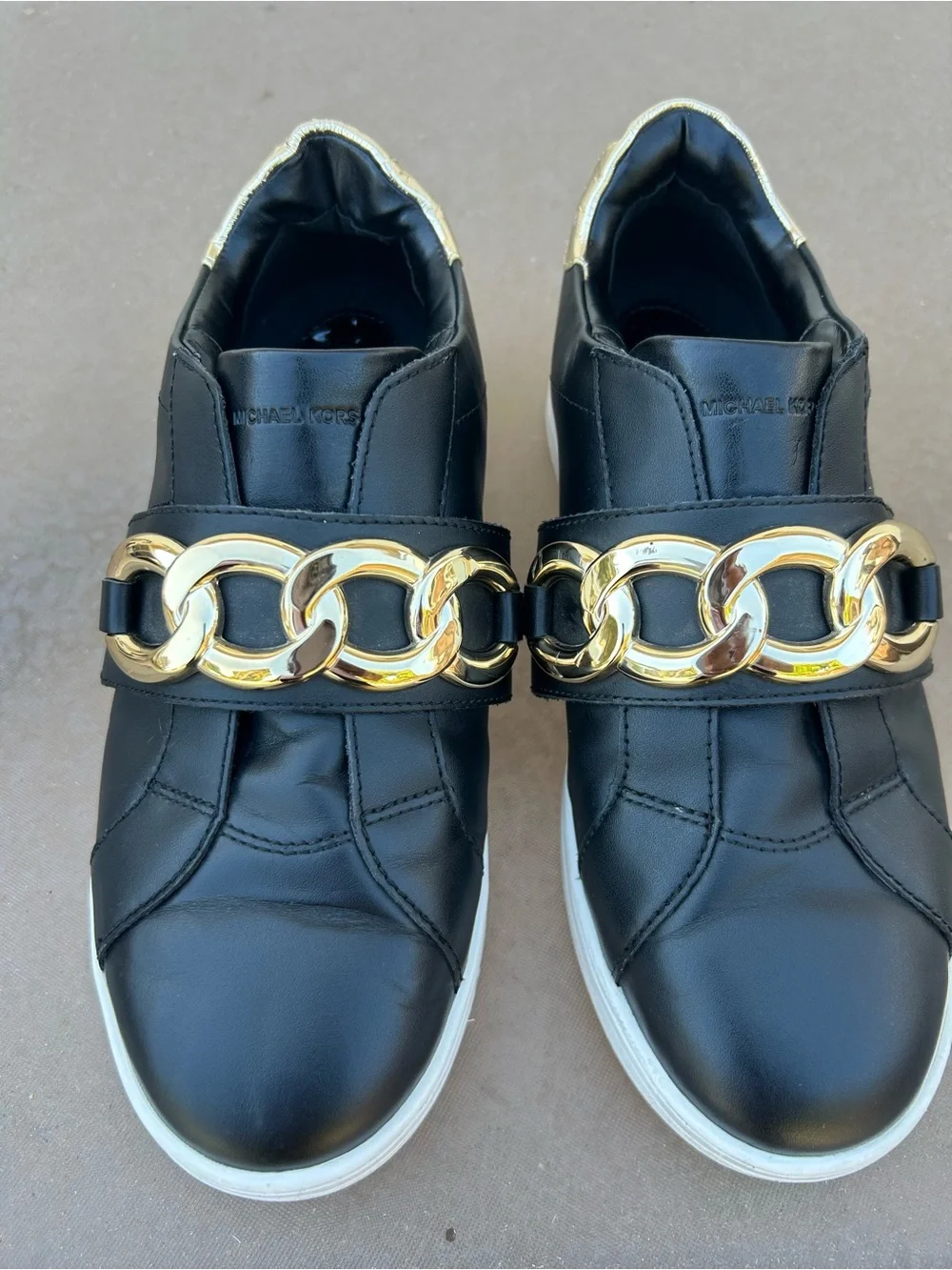 Michael Kors Kenna Black Leather Slip-On Sneakers with Gold Chain Accent Sz 8.5